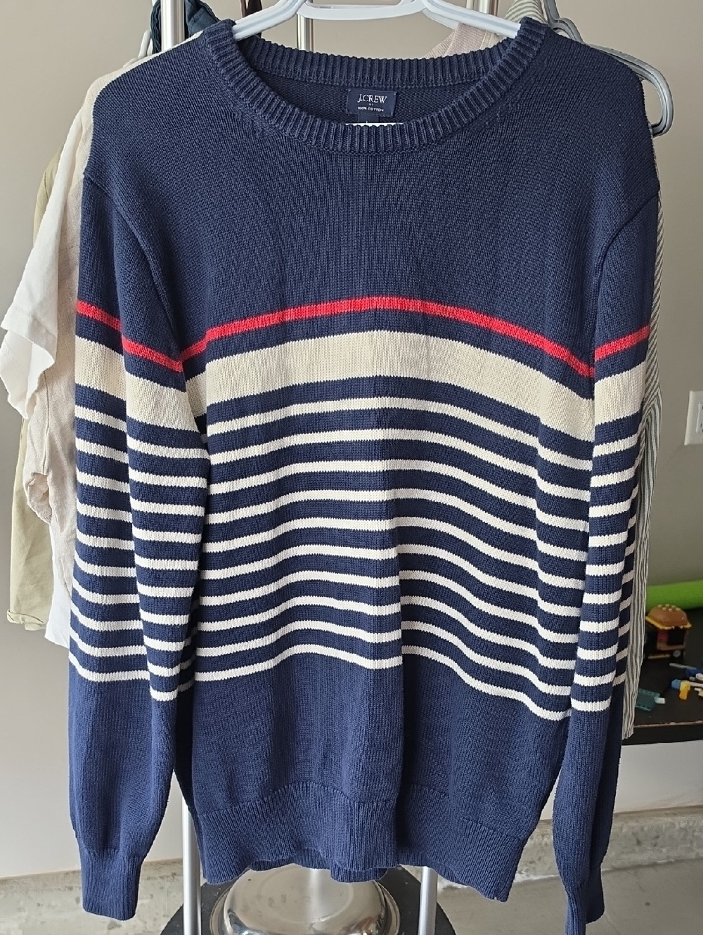 J. Crew Navy Cream Striped Sweater with Red Trim